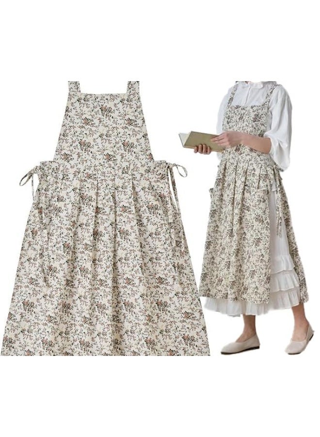 Floral Print Cotton Apron, Waterproof, Adjustable Extra Long with Pocket, for Kitchen Cooking & Baking, White - Image 1