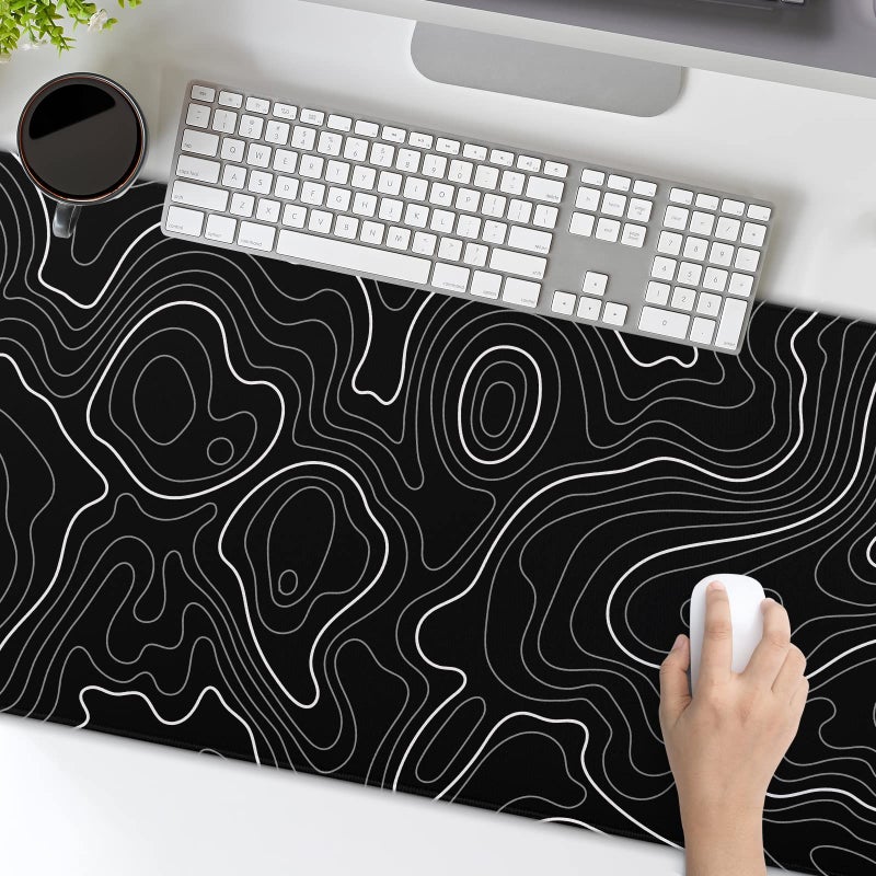 Sweetshow Topographic Contour Gaming Mouse Pad 35.4 X 15.7 Inch XXL Black Geographic Map Lines Full Des Mousepad Extended Large Non-Slip Rubber Base Keyboard Mat with Stitched Edges for Home Office - Image 2