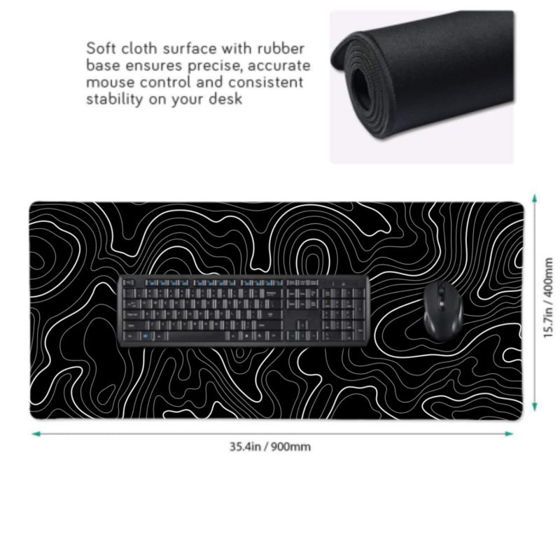 Sweetshow Topographic Contour Gaming Mouse Pad 35.4 X 15.7 Inch XXL Black Geographic Map Lines Full Des Mousepad Extended Large Non-Slip Rubber Base Keyboard Mat with Stitched Edges for Home Office - Image 3