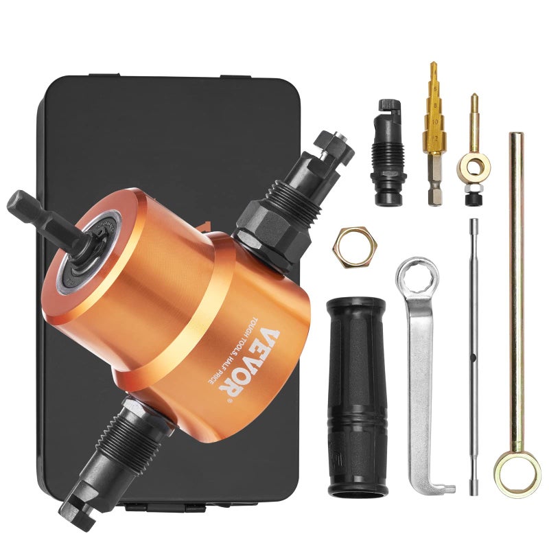 VEVOR Double Head Sheet Metal Nibbler Cutter 360 Degree Metal Nibbler Drill Attachment with Extra Punch and Die Cutting Hole Accessory and Step Drill Bit for Straight Curve and Circle Cutting - Image 2