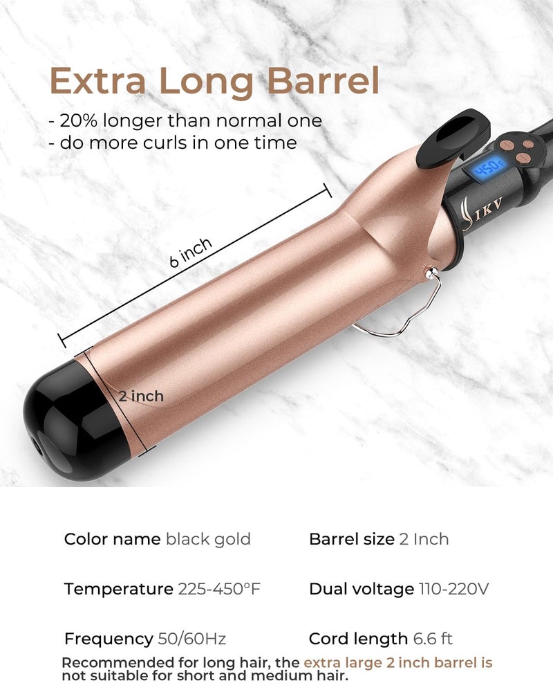 IKV 2 Inch Curling Iron Extra Long Barrel for Long Hair, Large Barrel Curling Wand Ceramic Tourmaline with LCD Display,10 Temps, Dual Voltage - Image 5