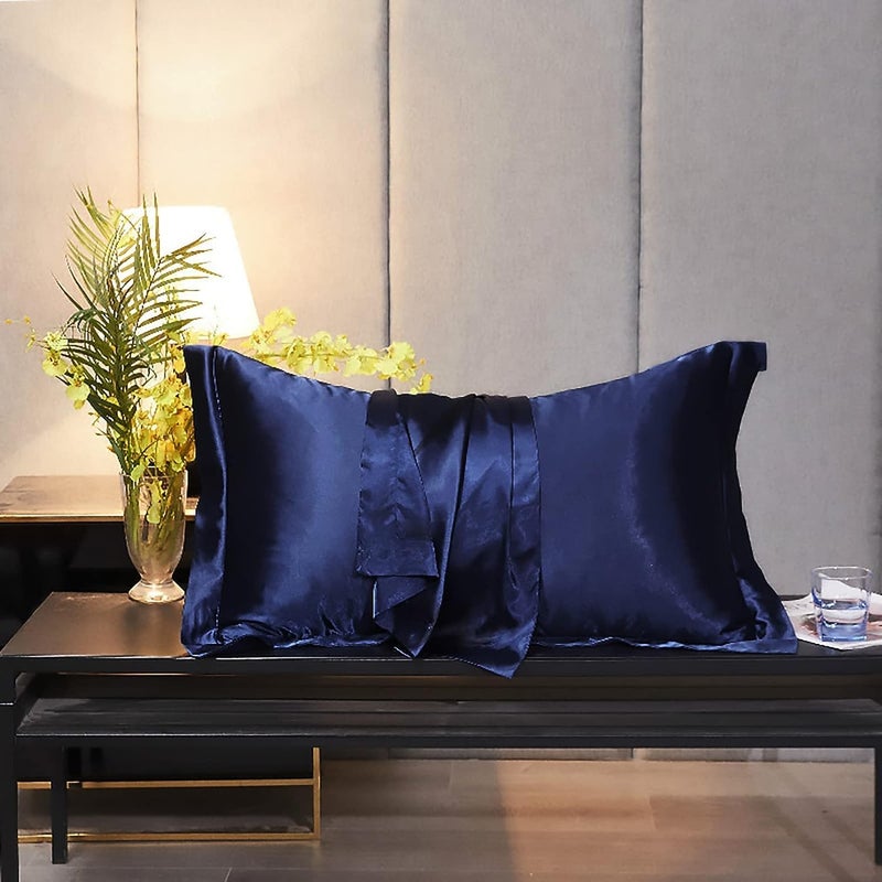 MahMir ® Silk Satin Pillowcase for Hair and Skin Queen - Blue Silk Pillowcase 2 Pack 75L x 50W CM (30x20 Inches) - Satin Pillow Cases Set of 2 with Envelope Closure (2pcs Navy Blue) - Image 2