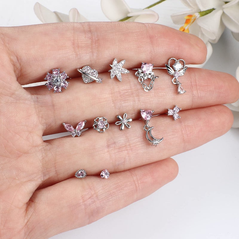 Sanfenly 12 PCS 20G Nose Rings Surgical Stainless Steel, L Shaped Nose Studs for Women Men, CZ Heart Butterfly Flower Leaf Moon Dangle Cute Nose Piercings Studs Screw Jewelry Pink/Purple/Blue/Clear - Image 5