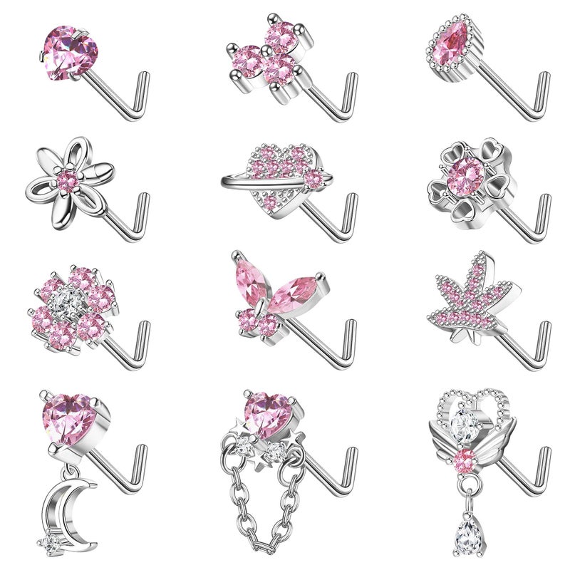 Sanfenly 12 PCS 20G Nose Rings Surgical Stainless Steel, L Shaped Nose Studs for Women Men, CZ Heart Butterfly Flower Leaf Moon Dangle Cute Nose Piercings Studs Screw Jewelry Pink/Purple/Blue/Clear - Image 1