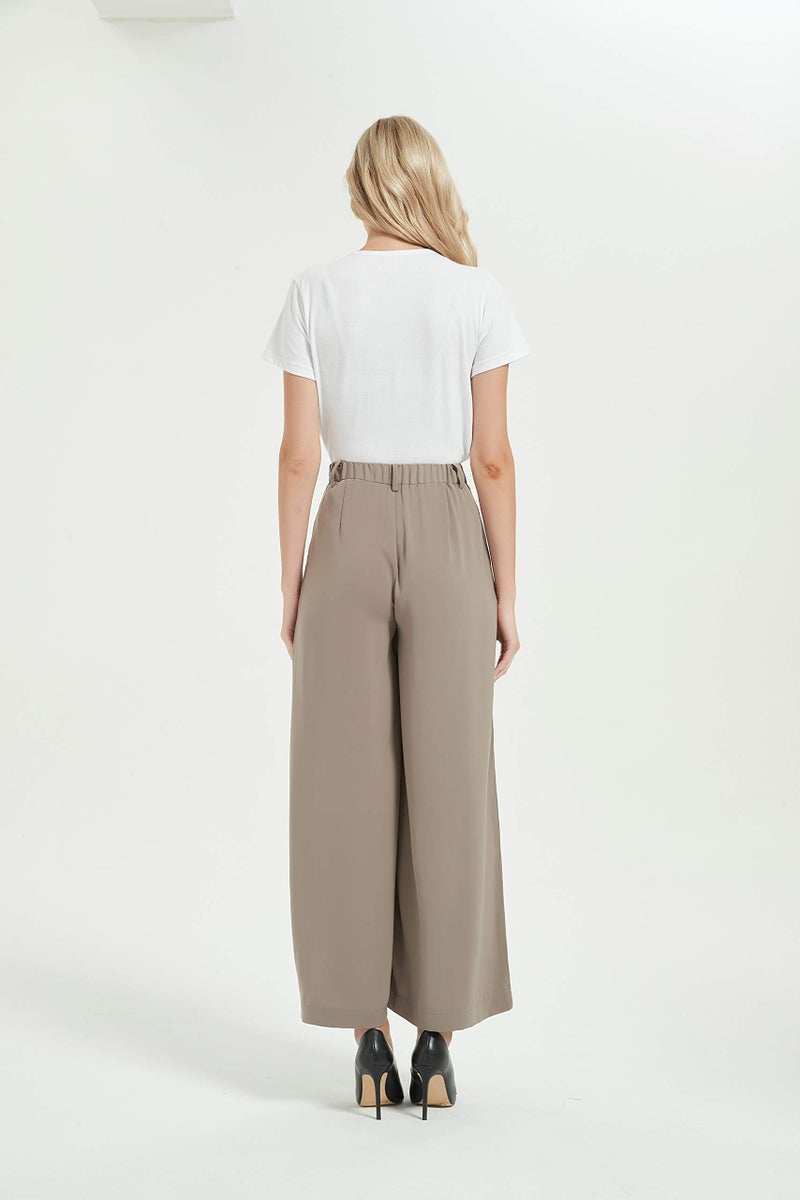 Tronjori Women High Waist Casual Wide Leg Long Palazzo Pants Trousers Regular Size(L,Mocha) - Image 4