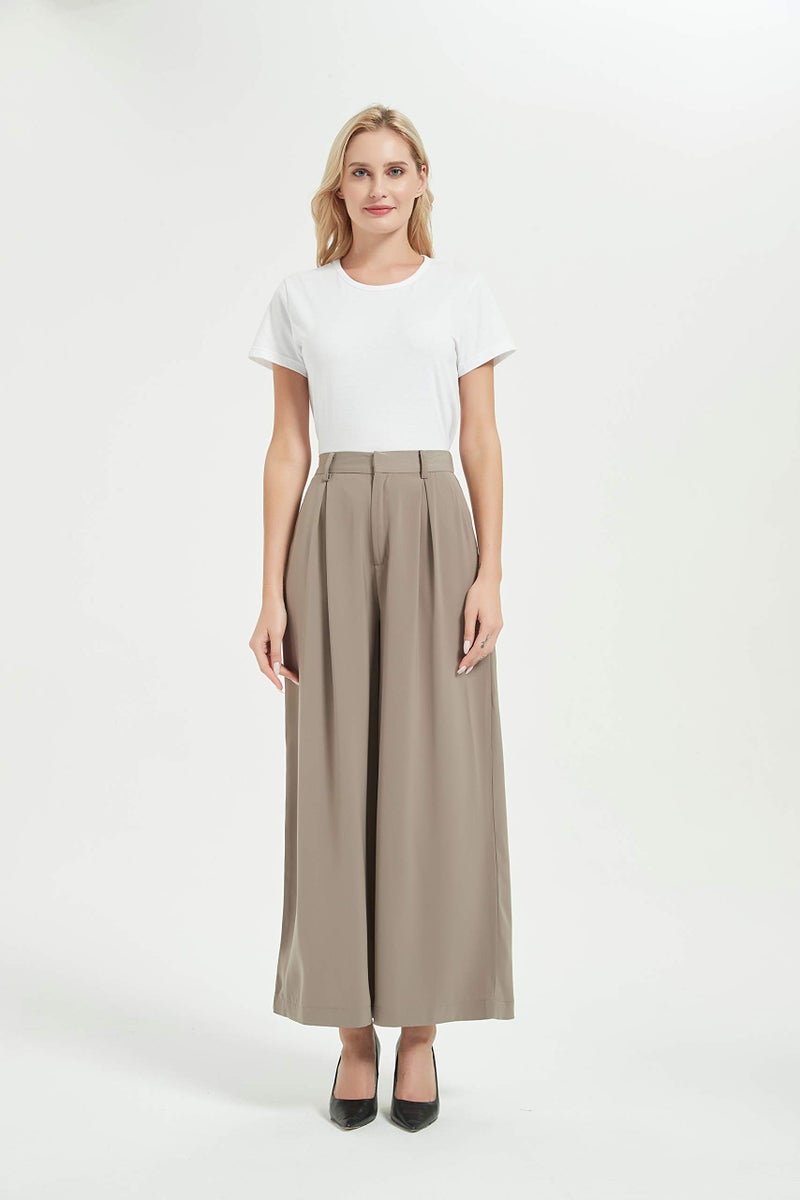 Tronjori Women High Waist Casual Wide Leg Long Palazzo Pants Trousers Regular Size(L,Mocha) - Image 2