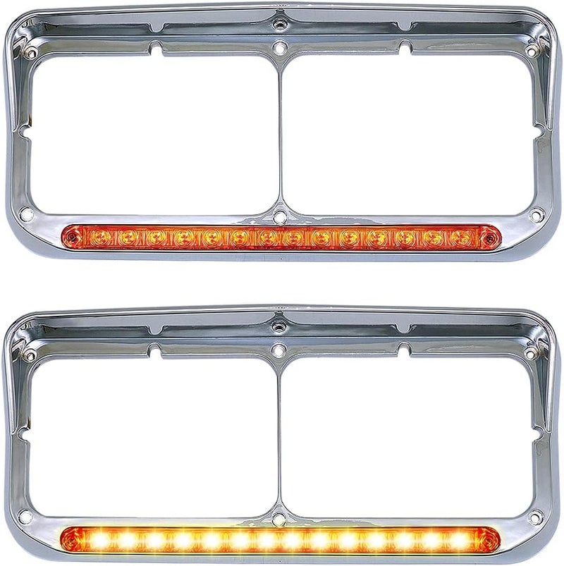 LEAVAN Chrome Headlight Bezels with 12" Amber LED Light for Kenworth and Peterbilt Trucks - Image 1
