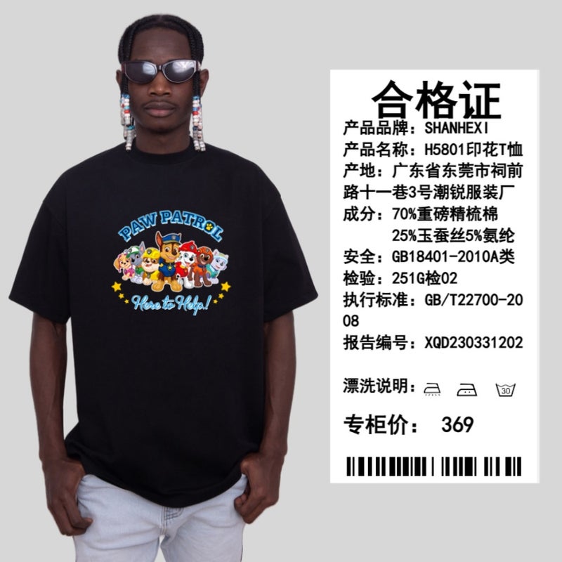 2024 Summer Short-sleeved Men's Round Neck Loose Wangwang Team Animation Print Cartoon Trendy Brand Black Casual T-shirt for Men - Image 4