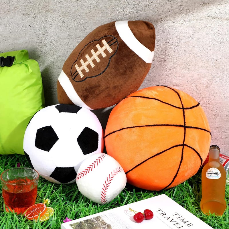Sratte 4 Pcs Stuffed Sports Pillows Toy Set Kids Soft Plush Basketball Soccer Ball Football Baseball Shaped Throw Pillow Cute Cushion Gift for Room Bedroom Decor Indoor - Image 5