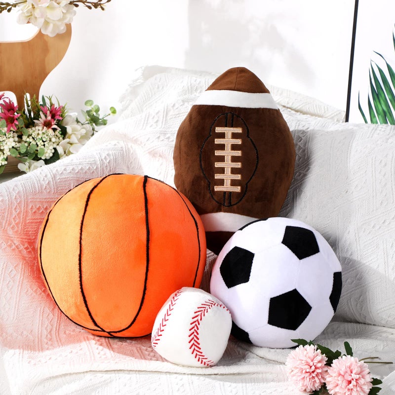 Sratte 4 Pcs Stuffed Sports Pillows Toy Set Kids Soft Plush Basketball Soccer Ball Football Baseball Shaped Throw Pillow Cute Cushion Gift for Room Bedroom Decor Indoor - Image 2