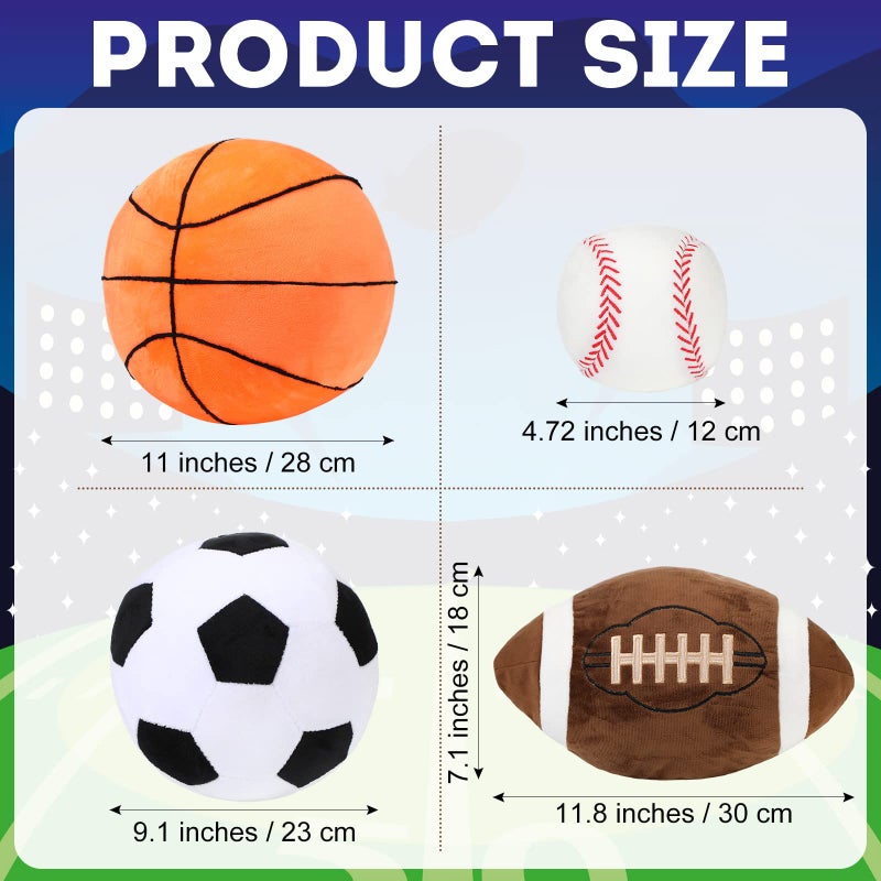 Sratte 4 Pcs Stuffed Sports Pillows Toy Set Kids Soft Plush Basketball Soccer Ball Football Baseball Shaped Throw Pillow Cute Cushion Gift for Room Bedroom Decor Indoor - Image 3