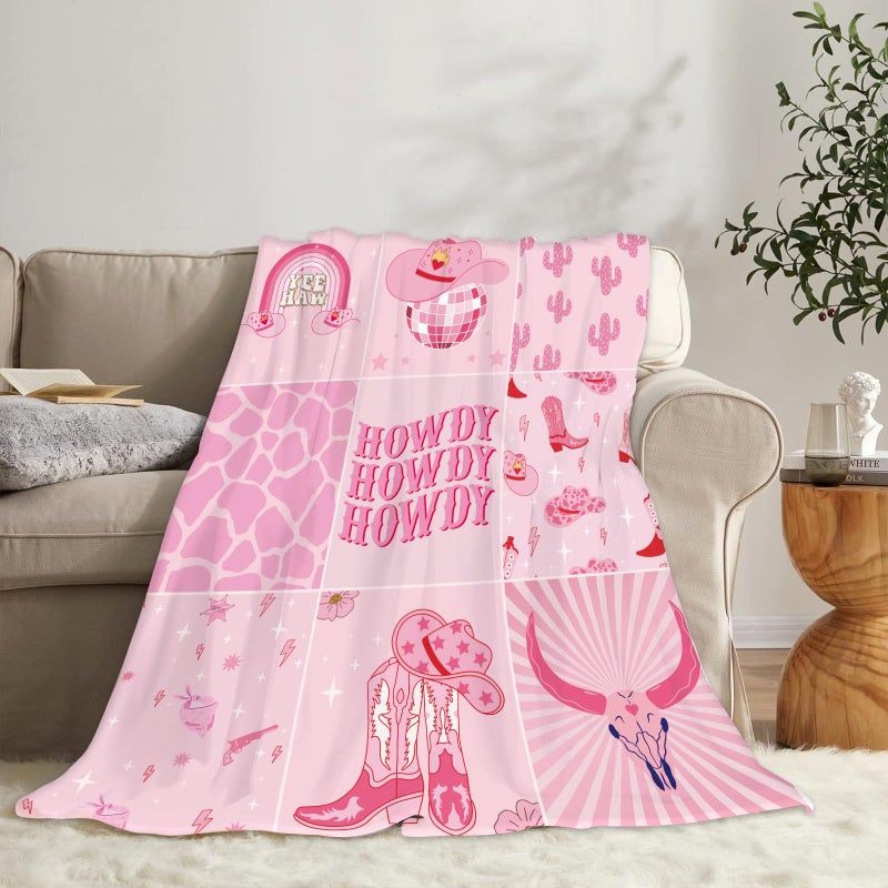 Miyotaa Miyotaa Cowgirl Howdy Flannel Blanket 50Wx60H Inch Gift Preppy Cool Teen Girls Hot Pink Western Y2K Boots Modern Soft Warm Fuzzy Throw Blanket for Couch Sofa Office Bed Throws Birthday Presents  - Image 2