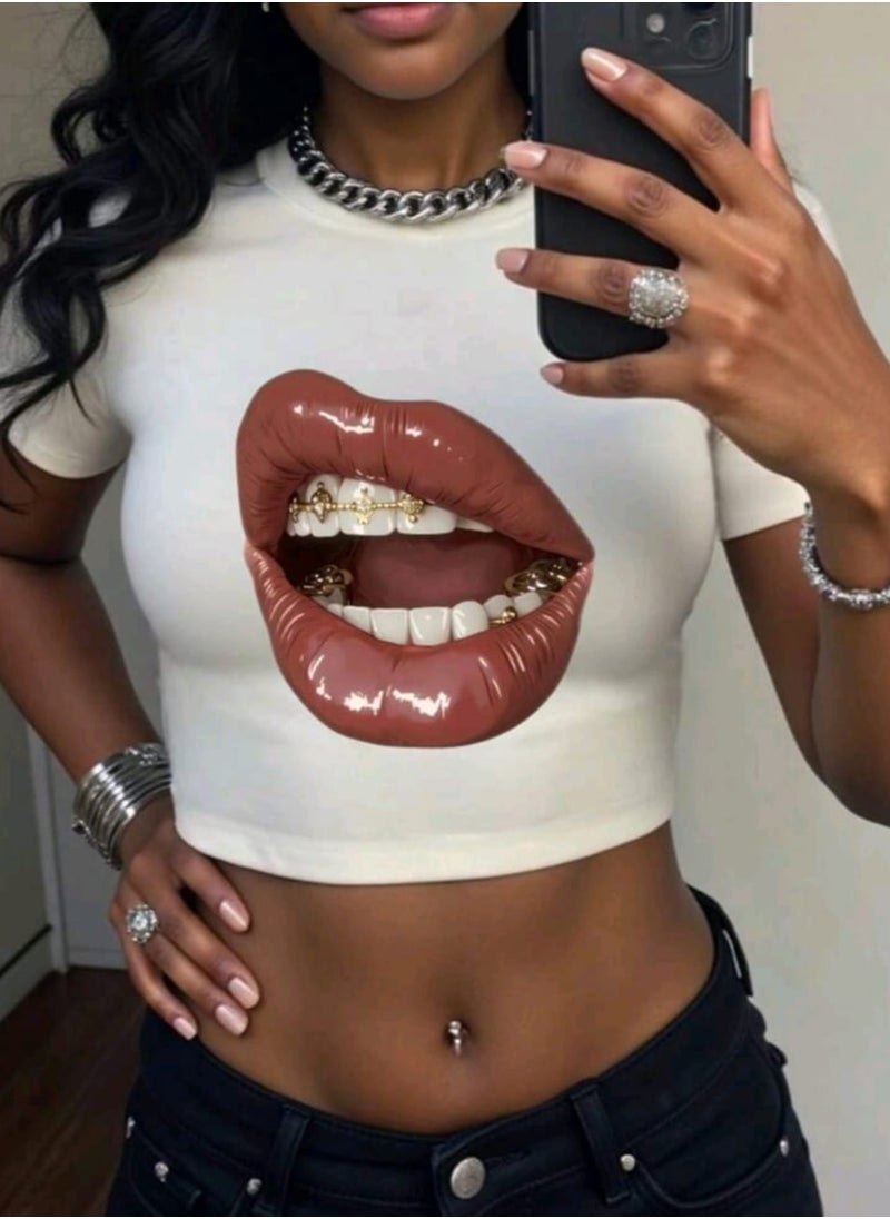 Shein Lips Print Graphic Women's Round Neck Short Sleeve T-Shirt  - Image 1