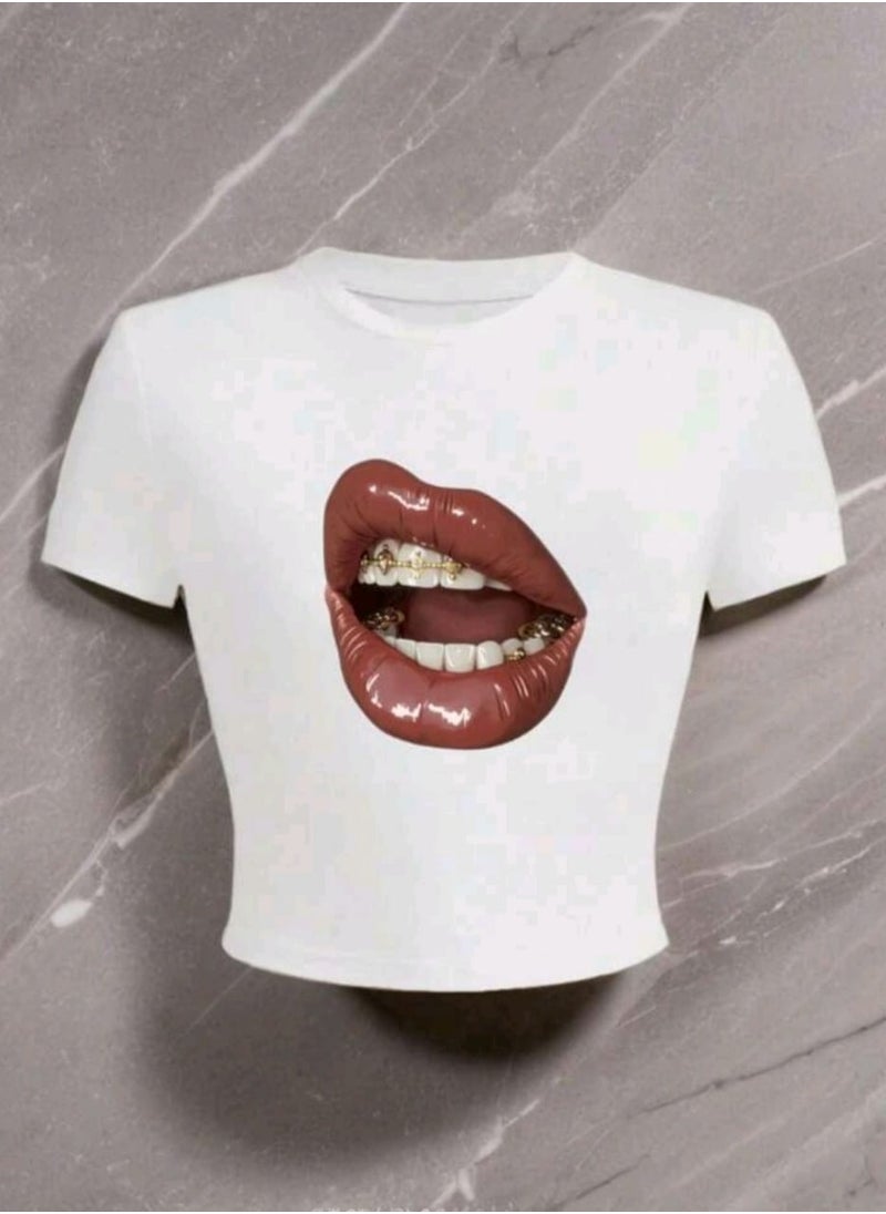 Shein Lips Print Graphic Women's Round Neck Short Sleeve T-Shirt  - Image 2