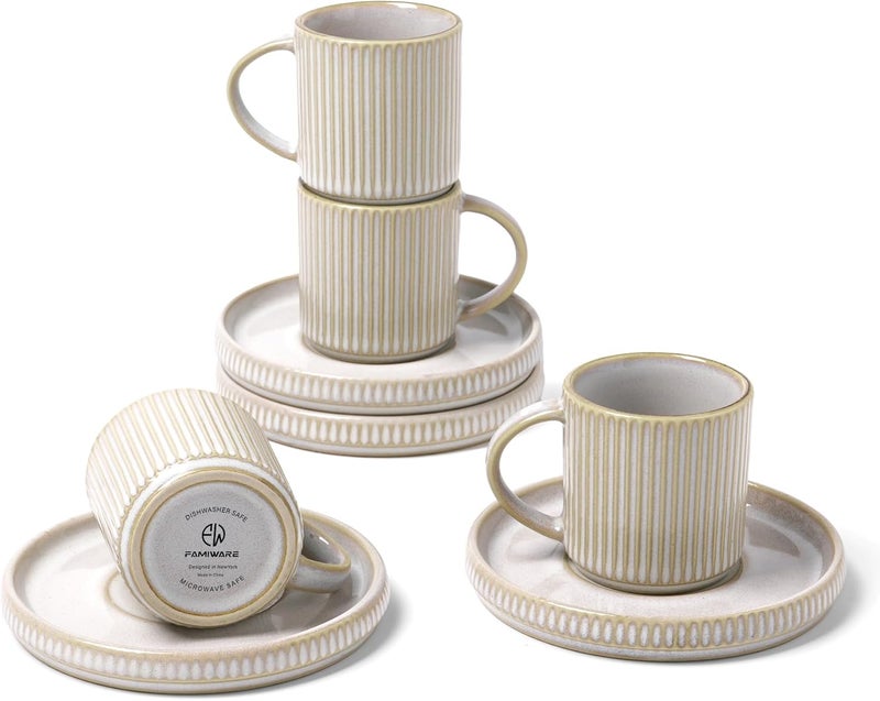 Famiware Star Espresso Cups and Saucers Set of 4, [ Mini ] 3 oz Ceramic Small Coffee Mug with Handle, Ribbed Stoneware Demitasse Cup for Tea, Latte - Microwave & Dishwasher Safe - Cappuccino White - Image 1