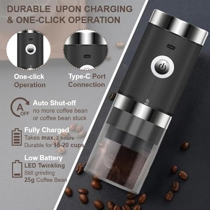 DMG TECH Electric Coffee Grinder  Portable  Rechargeable With Adjustable Settings TypeC Charging Removable Bowl  Brush  For Espresso French Press Pour Over Home  Travel - Image 2