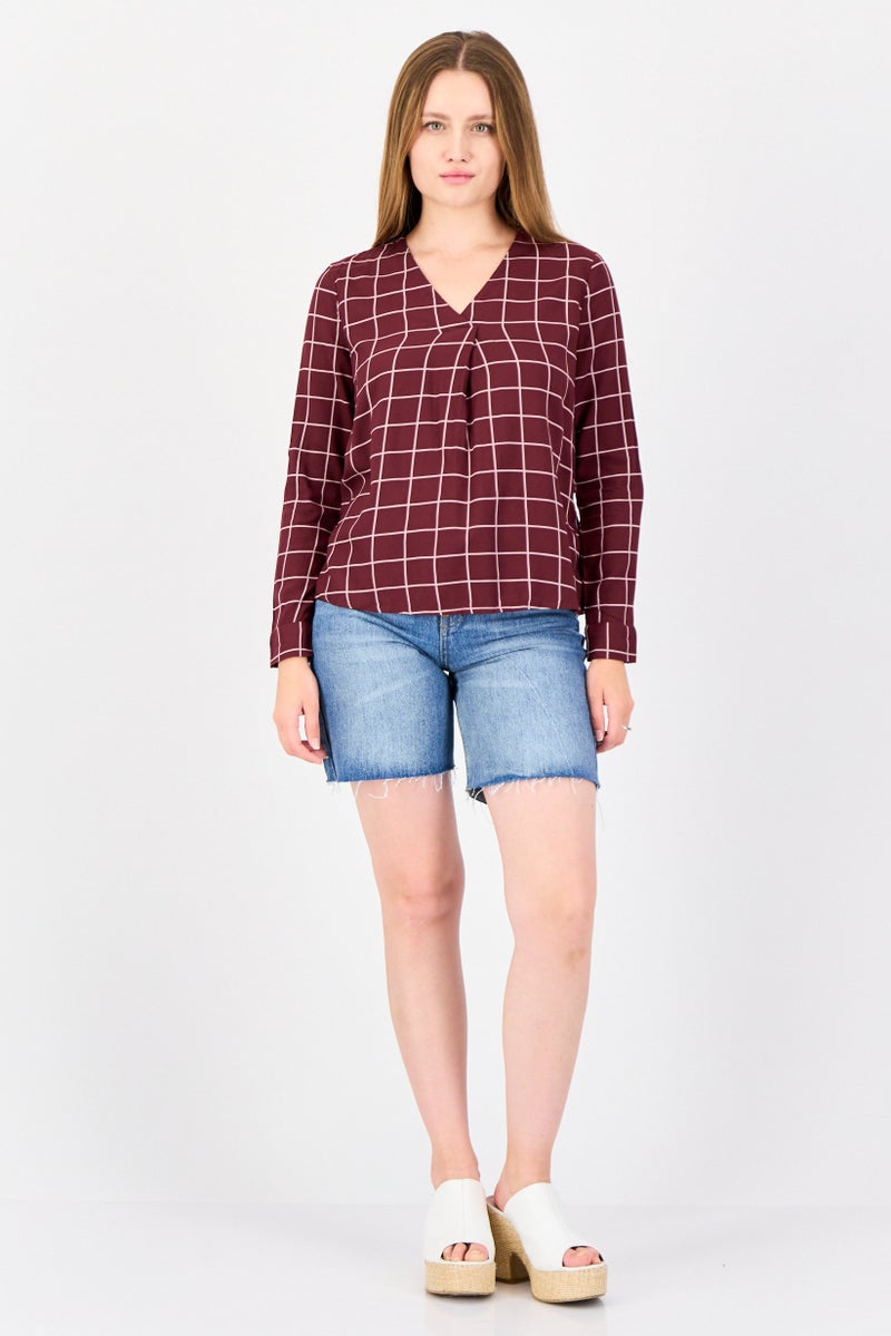ONLY Women V-Neck Long Sleeves Plaid Blouse, Multicolor  - Image 4