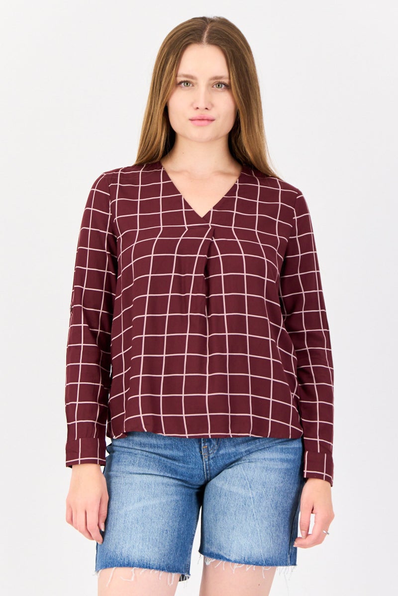 ONLY Women V-Neck Long Sleeves Plaid Blouse, Multicolor  - Image 1