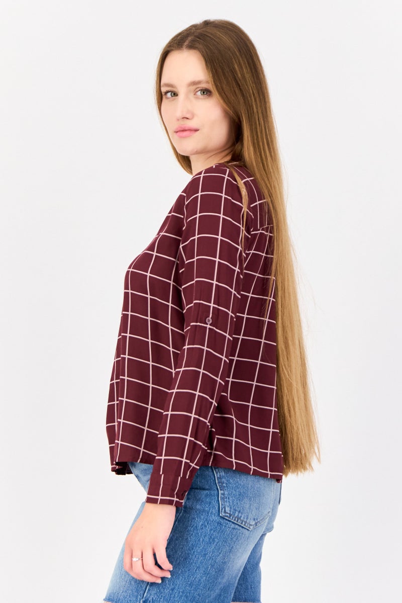 ONLY Women V-Neck Long Sleeves Plaid Blouse, Multicolor  - Image 2