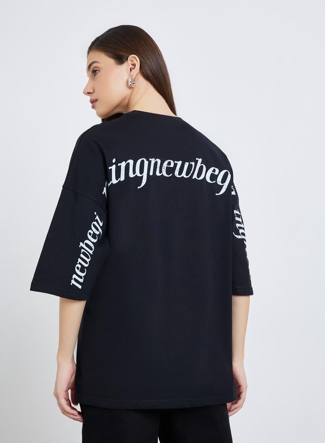 Styli Women Black Oversized Slogan T-Shirt - Image 4