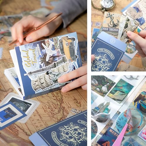 The AutoStory World Trip Scrapbook Kit A6 Junk Journal Map Stickers Tourist Decorative Papers Washi Tape DIY Craft Art Keepsake Vacation Memory Book Decor Present Men (Global Travel, Blue) - Image 3