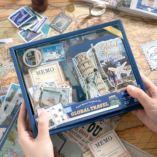 The AutoStory World Trip Scrapbook Kit A6 Junk Journal Map Stickers Tourist Decorative Papers Washi Tape DIY Craft Art Keepsake Vacation Memory Book Decor Present Men (Global Travel, Blue) - Image 4