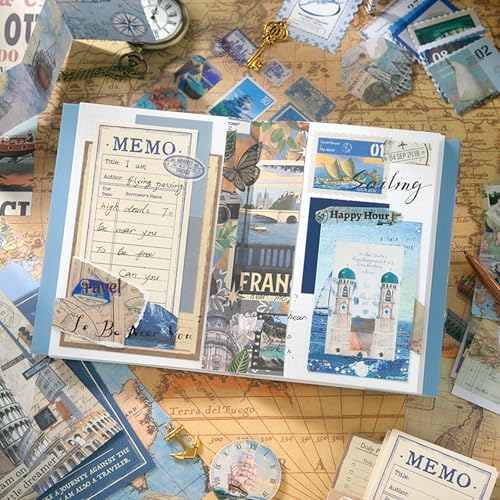 The AutoStory World Trip Scrapbook Kit A6 Junk Journal Map Stickers Tourist Decorative Papers Washi Tape DIY Craft Art Keepsake Vacation Memory Book Decor Present Men (Global Travel, Blue) - Image 5