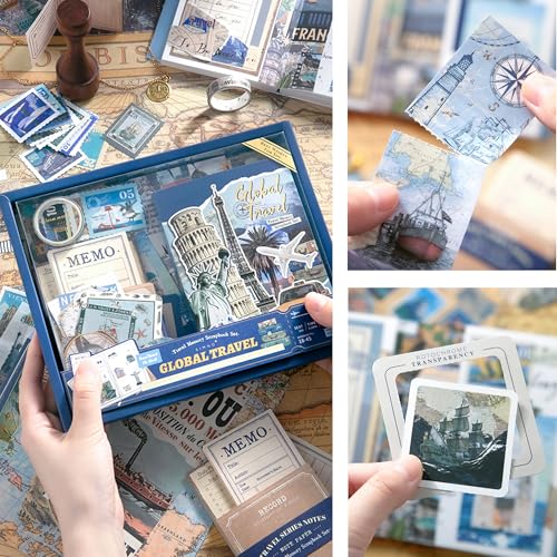 The AutoStory World Trip Scrapbook Kit A6 Junk Journal Map Stickers Tourist Decorative Papers Washi Tape DIY Craft Art Keepsake Vacation Memory Book Decor Present Men (Global Travel, Blue) - Image 2