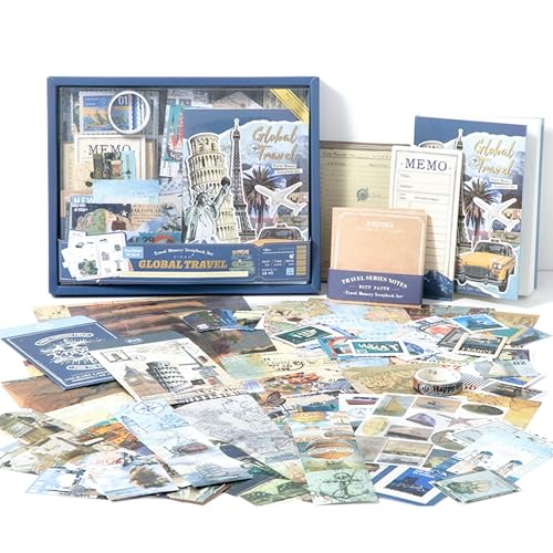 The AutoStory World Trip Scrapbook Kit A6 Junk Journal Map Stickers Tourist Decorative Papers Washi Tape DIY Craft Art Keepsake Vacation Memory Book Decor Present Men (Global Travel, Blue) - Image 1