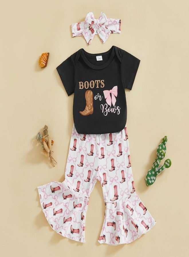 SAYOO Western Baby Girl Clothes Boots or Bows Letter Bodysuit Romper Cow Print Flared Pants Headband Cowgirl Country Outfit (Black, 3-6 Months) - Image 2