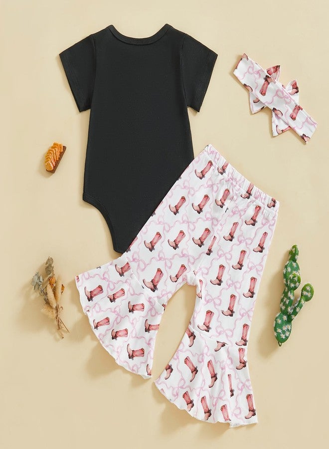 SAYOO Western Baby Girl Clothes Boots or Bows Letter Bodysuit Romper Cow Print Flared Pants Headband Cowgirl Country Outfit (Black, 3-6 Months) - Image 3
