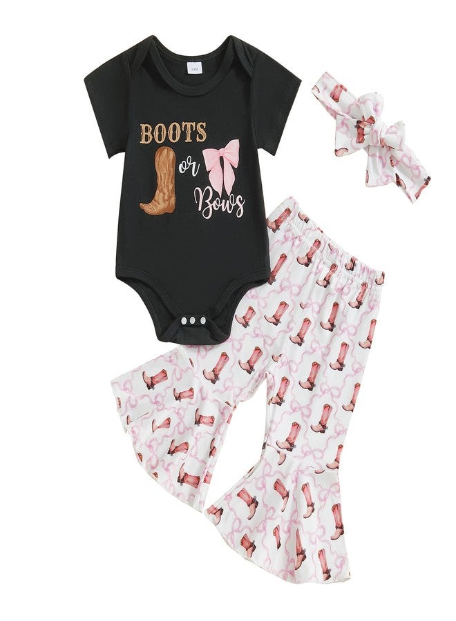 SAYOO Western Baby Girl Clothes Boots or Bows Letter Bodysuit Romper Cow Print Flared Pants Headband Cowgirl Country Outfit (Black, 3-6 Months) - Image 1