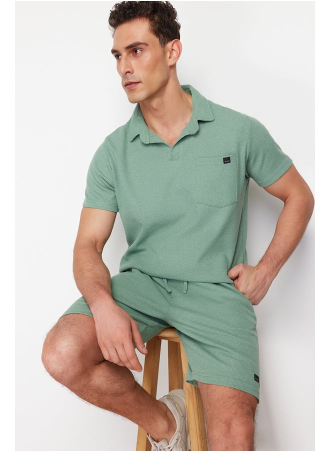 trendyol Mint Regular/Normal Cut Textured Fabric Labeled Polo Collar Tracksuit Set TMNSS23EM00003  - Image 4