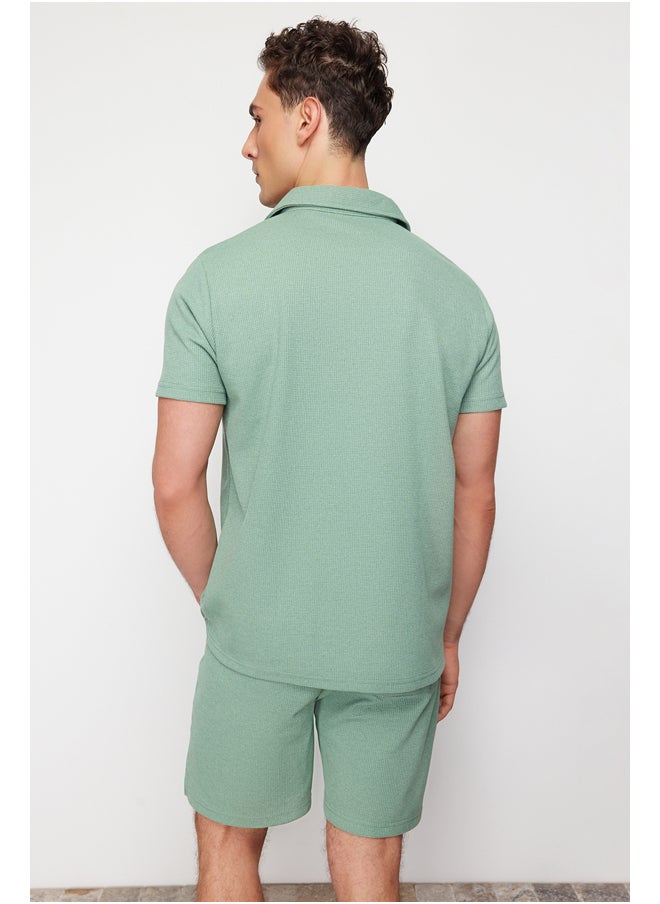 Mint Regular/Normal Cut Textured Fabric Labeled Polo Collar Tracksuit Set TMNSS23EM00003