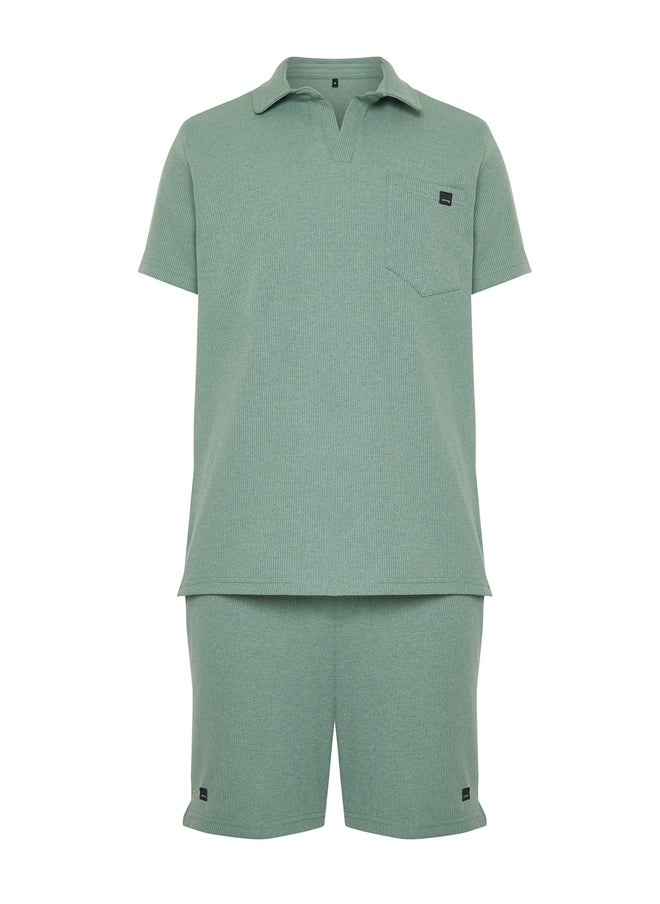 Mint Regular/Normal Cut Textured Fabric Labeled Polo Collar Tracksuit Set TMNSS23EM00003