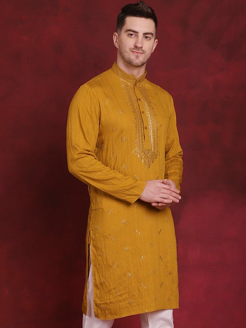 Jompers Sequins Embroidered Kurta Pyjama Set for Men. (Mustard, M) - Image 3