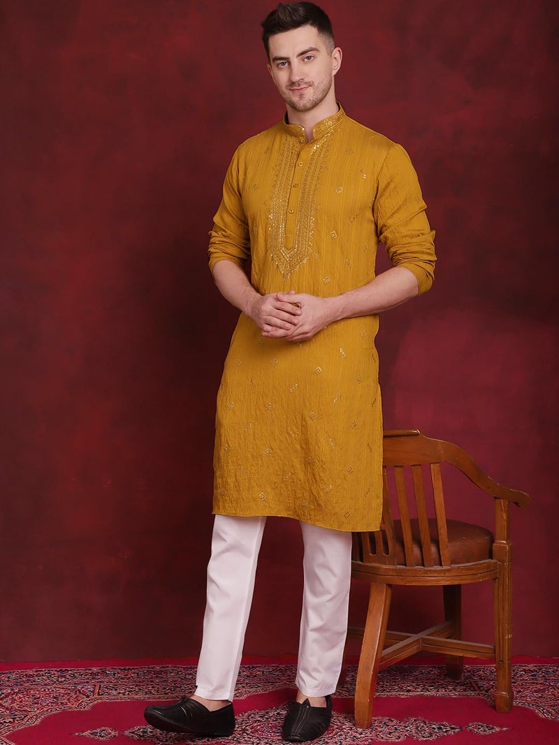 Jompers Sequins Embroidered Kurta Pyjama Set for Men. (Mustard, M) - Image 4