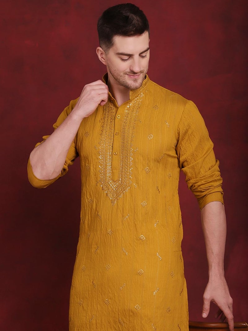 Jompers Sequins Embroidered Kurta Pyjama Set for Men. (Mustard, M) - Image 5