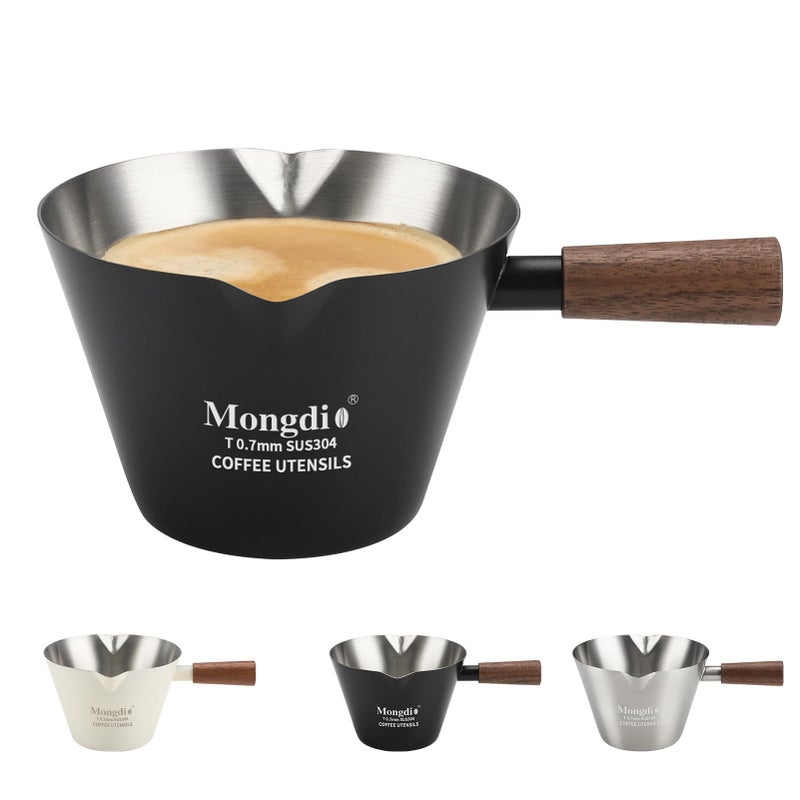 Mongdio Espresso Measuring Cup, Stainless Steel Espresso Shot Cups with Wooden Handle and Double Spouts, 6.8OZ/200ML, Black - Image 1