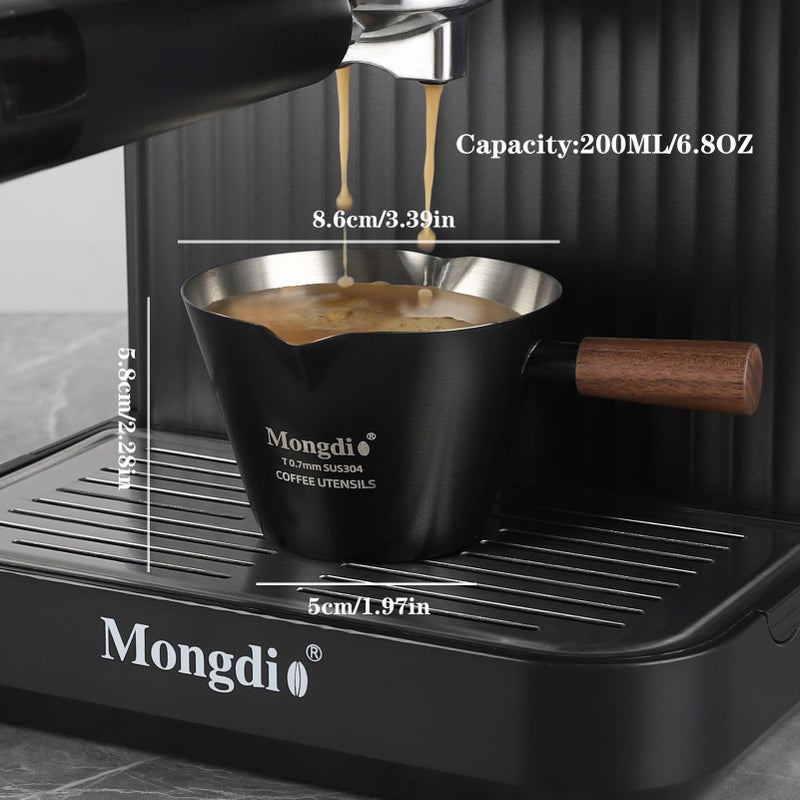 Mongdio Espresso Measuring Cup, Stainless Steel Espresso Shot Cups with Wooden Handle and Double Spouts, 6.8OZ/200ML, Black - Image 4