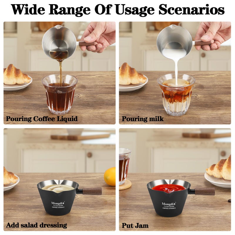 Mongdio Espresso Measuring Cup, Stainless Steel Espresso Shot Cups with Wooden Handle and Double Spouts, 6.8OZ/200ML, Black - Image 2