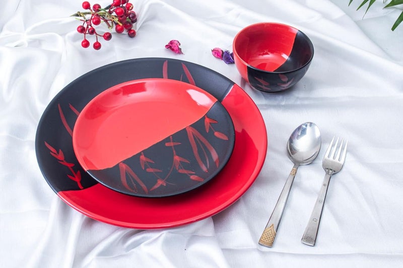 Caffeine Ceramic Handmade Red & Black Combo Dinner Set 2 pcs. (1 Dinner Plate,1 Katori Bowl) - Image 4