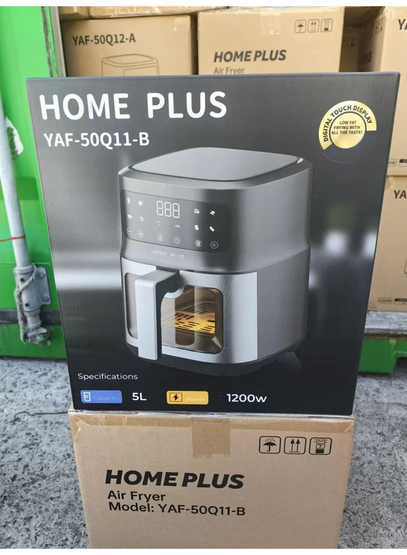 Home Plus Digital Air Fryer, 5L Capacity, Touch Screen Control, LED Display, Viewing Window, Black and Silver - Image 5