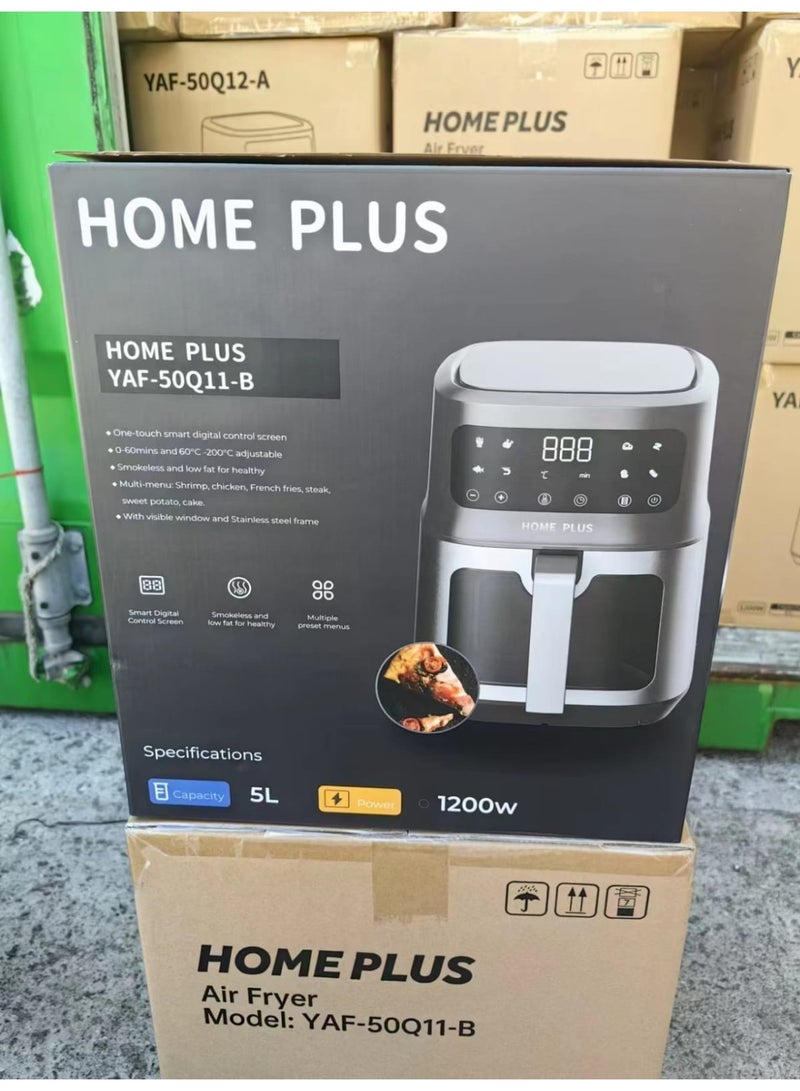 Home Plus Digital Air Fryer, 5L Capacity, Touch Screen Control, LED Display, Viewing Window, Black and Silver - Image 4