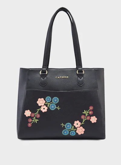 CAPRESE Caprese Erica Tote Medium Black – Kiara exclusive floral design, spacious interior, middle compartment, trendy shoulder bag for office and daily use