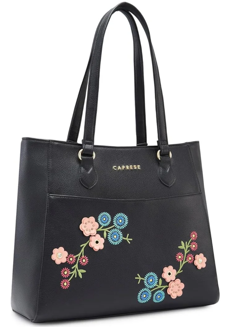 CAPRESE Caprese Erica Tote Medium Black – Kiara exclusive floral design, spacious interior, middle compartment, trendy shoulder bag for office and daily use