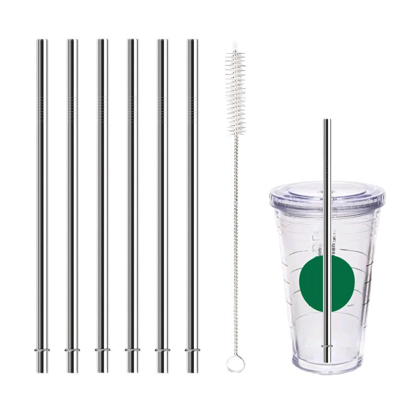 QUVIAE 8 Inch Stainless Steel Straws Replacement for Starbucks Cold Cup 16 oz, 6 PCS Straight Reusable Metal Straw with Cleaning Brush, 8" X 0.31" Compatible with Mason Jar Tumblers - Image 1