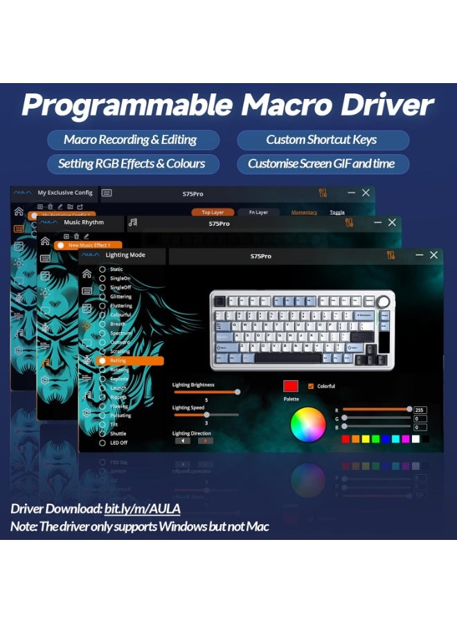 AULA لوحة مفاتيح الألعاب الميكانيكية اللاسلكية S75 Pro ثلاثية الوضع 75% مع إضاءة خلفية RGB قابلة للتبديل الساخن وشاشة ومقبض، مفاتيح Star Vector، أغطية مفاتيح PBT، صوت كريمي لجهاز الكمبيوتر/اللابتوب/الماك - Image 3