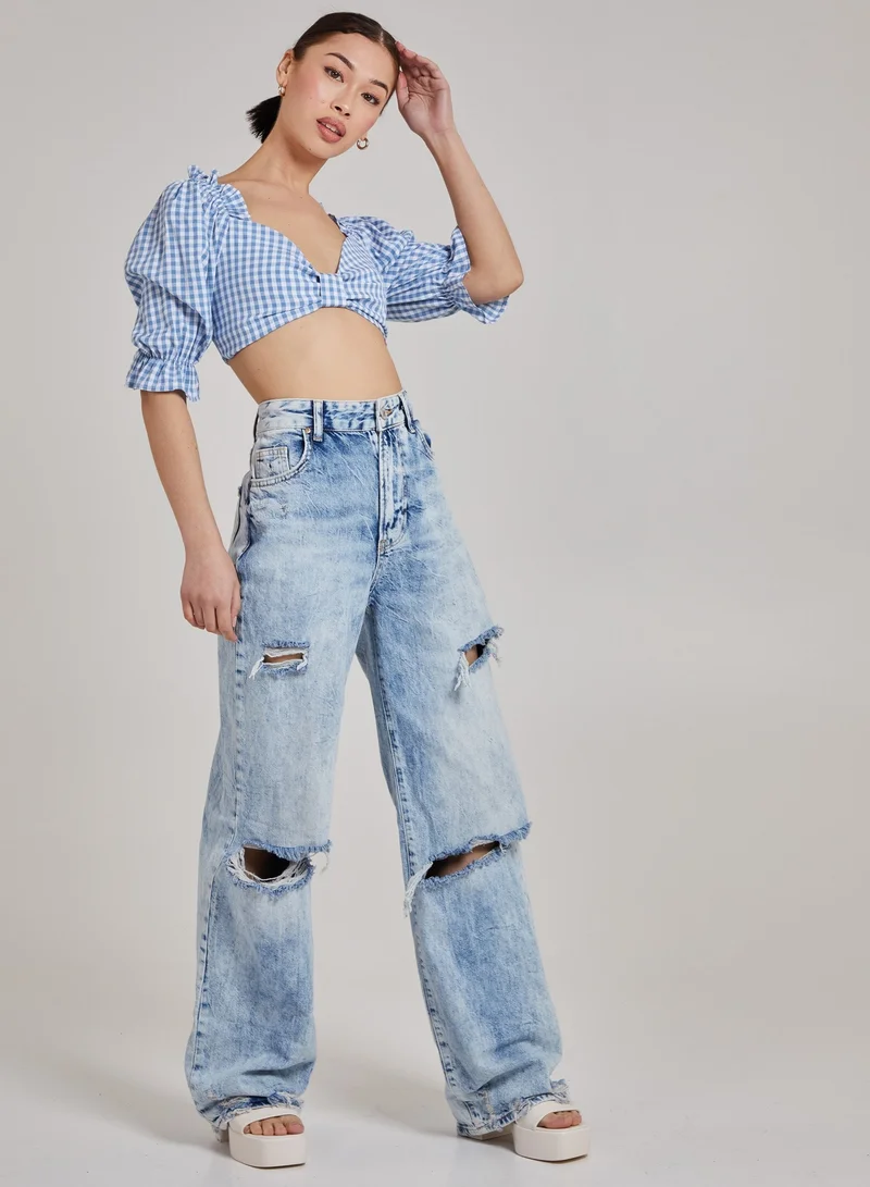 بينك فانيلا بلوزة كاروهات قصيرة