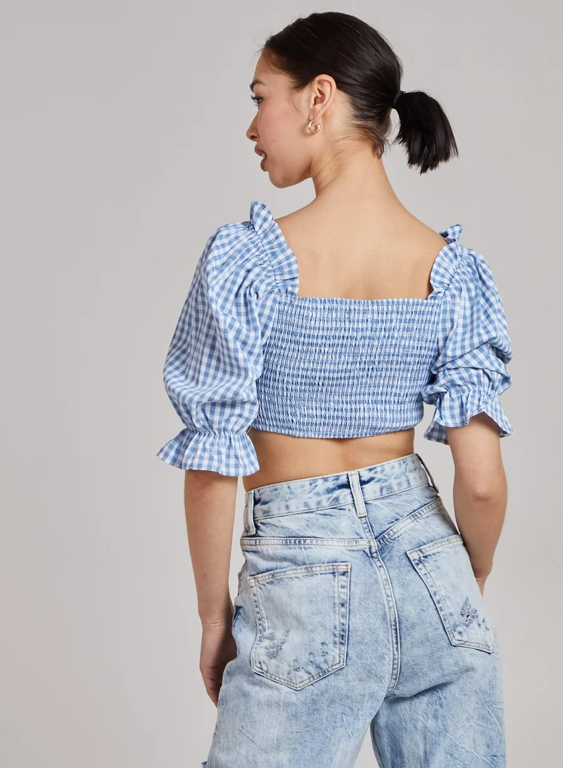 بينك فانيلا بلوزة كاروهات قصيرة